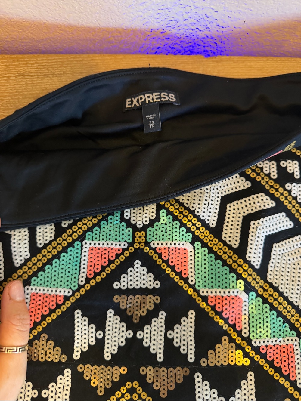 Express Black Mini Skirt with Gold, White, Pink & Mint Sequin Aztec Pattern - Picture 2 of 3